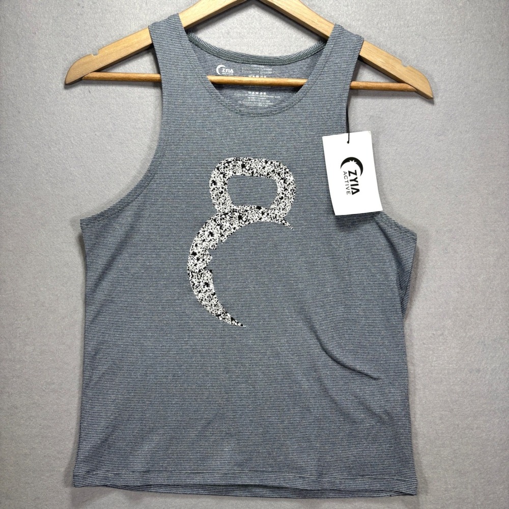 Zyia Active Boys Kettlebell Graphic Striped Tank Top Grey Youth Size 8-9 NWT